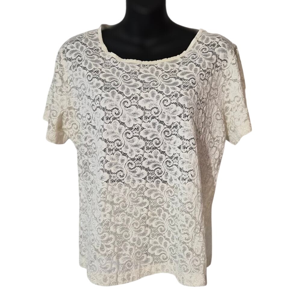 Vintage Sheer Cream Floral Lace Short Sleeve Crew Neck Top Off White